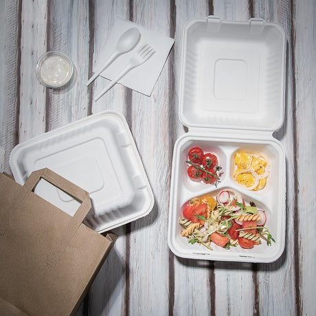 Fiesta Compostable Bagasse Hinged 3-Compartment Food Containers 201mm (Pack of 200) - FC526  Fiesta   