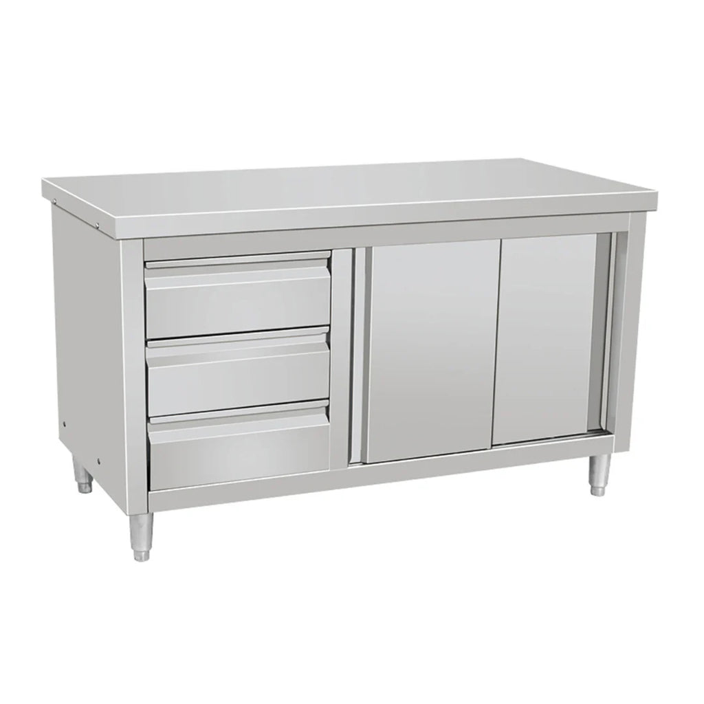 Hamoki Stainless Steel Worktable Cupboard With Sliding Doors & 3 Drawers 1200mm Wide | 141064 Stainless Steel Worktops With Cupboards Hamoki
