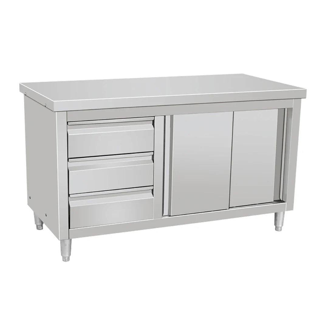 Hamoki Stainless Steel Worktable Cupboard With Sliding Doors & 3 Drawers 1200mm Wide | 141064 Stainless Steel Worktops With Cupboards Hamoki