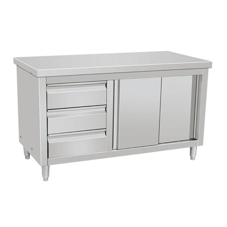 Hamoki Stainless Steel Worktable Cupboard With Sliding Doors & 3 Drawers 1200mm Wide | 141064 Stainless Steel Worktops With Cupboards Hamoki