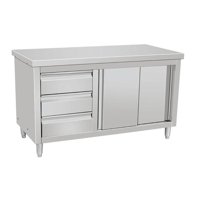Hamoki Stainless Steel Worktable Cupboard With Sliding Doors & 3 Drawers 1200mm Wide | 141064 Stainless Steel Worktops With Cupboards Hamoki