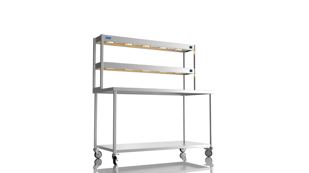 Nordstar Mobile Centre Table Bench With 2 Tier Heated Gantry Chefs Pass 1500mm | DTCMCB1500 Stainless Steel Tables with Overshelf Nordstar
