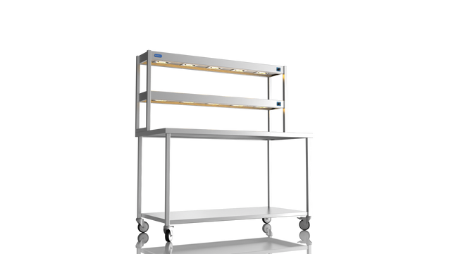 Nordstar Mobile Centre Table Bench With 2 Tier Heated Gantry Chefs Pass 1500mm | DTCMCB1500 Stainless Steel Tables with Overshelf Nordstar