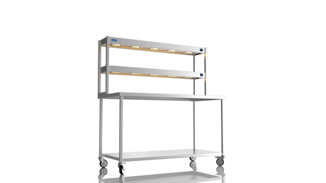 Nordstar Mobile Centre Table Bench With 2 Tier Heated Gantry Chefs Pass 1500mm | DTCMCB1500 Stainless Steel Tables with Overshelf Nordstar