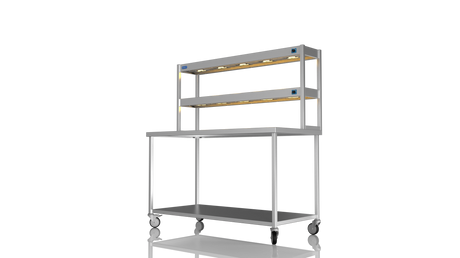 Nordstar Mobile Centre Table Bench With 2 Tier Heated Gantry Chefs Pass 1500mm | DTCMCB1500 Stainless Steel Tables with Overshelf Nordstar