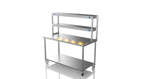 Nordstar Mobile Centre Table Bench With 2 Tier Heated Gantry Chefs Pass 1500mm | DTCMCB1500 Stainless Steel Tables with Overshelf Nordstar