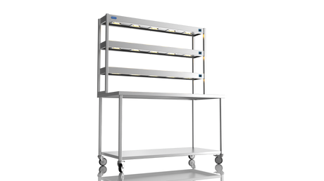 Nordstar Mobile Centre Table Bench With 3 Tier Heated Gantry Chefs Pass 1500mm | TTCMCB1500 Stainless Steel Tables with Overshelf Nordstar