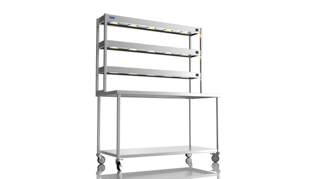Nordstar Mobile Centre Table Bench With 3 Tier Heated Gantry Chefs Pass 1500mm | TTCMCB1500 Stainless Steel Tables with Overshelf Nordstar
