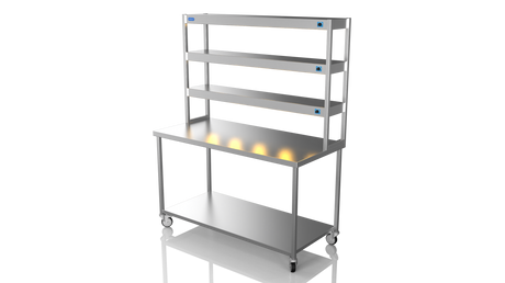 Nordstar Mobile Centre Table Bench With 3 Tier Heated Gantry Chefs Pass 1500mm | TTCMCB1500 Stainless Steel Tables with Overshelf Nordstar