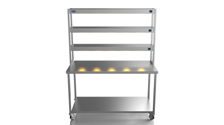 Nordstar Mobile Centre Table Bench With 3 Tier Heated Gantry Chefs Pass 1500mm | TTCMCB1500 Stainless Steel Tables with Overshelf Nordstar