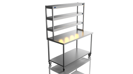 Nordstar Mobile Centre Table Bench With 3 Tier Heated Gantry Chefs Pass 1500mm | TTCMCB1500 Stainless Steel Tables with Overshelf Nordstar