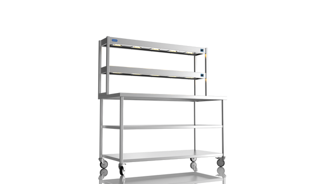 Nordstar Mobile Centre Table Bench With 2 Tier Heated Gantry Chefs Pass 1500mm | DTCMCB1500MS Stainless Steel Tables with Overshelf Nordstar