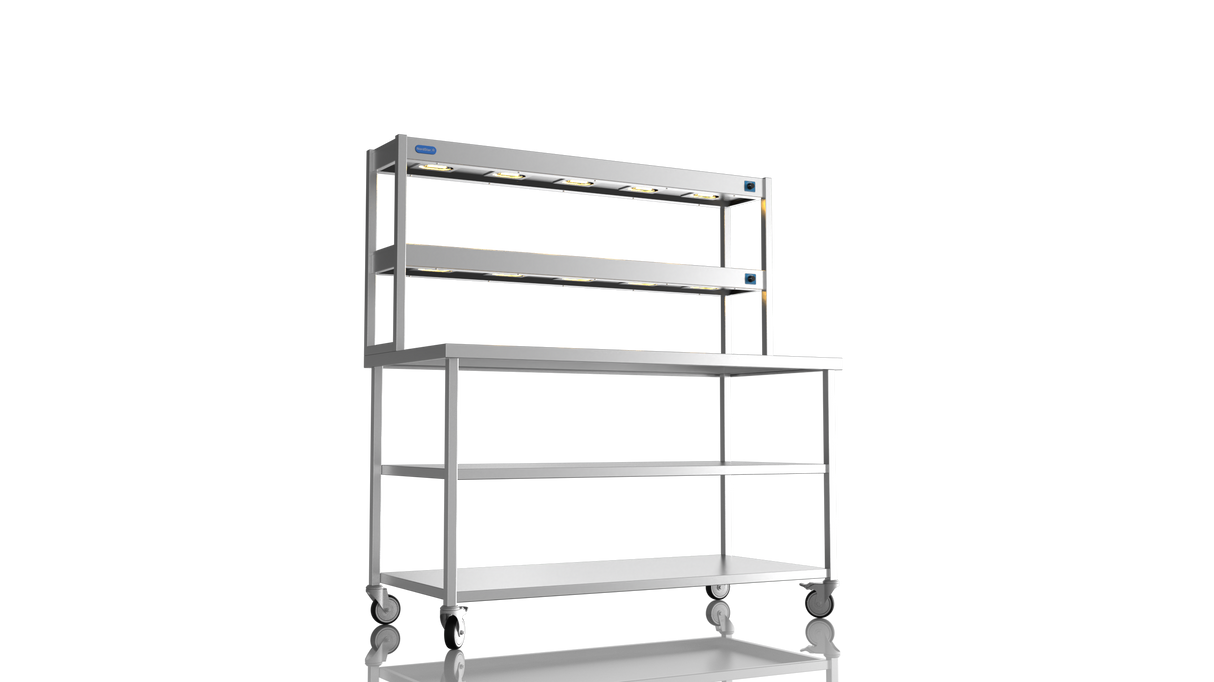 Nordstar Mobile Centre Table Bench With 2 Tier Heated Gantry Chefs Pass 1500mm | DTCMCB1500MS Stainless Steel Tables with Overshelf Nordstar