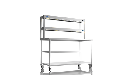 Nordstar Mobile Centre Table Bench With 2 Tier Heated Gantry Chefs Pass 1500mm | DTCMCB1500MS Stainless Steel Tables with Overshelf Nordstar