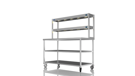 Nordstar Mobile Centre Table Bench With 2 Tier Heated Gantry Chefs Pass 1500mm | DTCMCB1500MS Stainless Steel Tables with Overshelf Nordstar