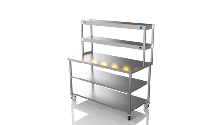 Nordstar Mobile Centre Table Bench With 2 Tier Heated Gantry Chefs Pass 1500mm | DTCMCB1500MS Stainless Steel Tables with Overshelf Nordstar