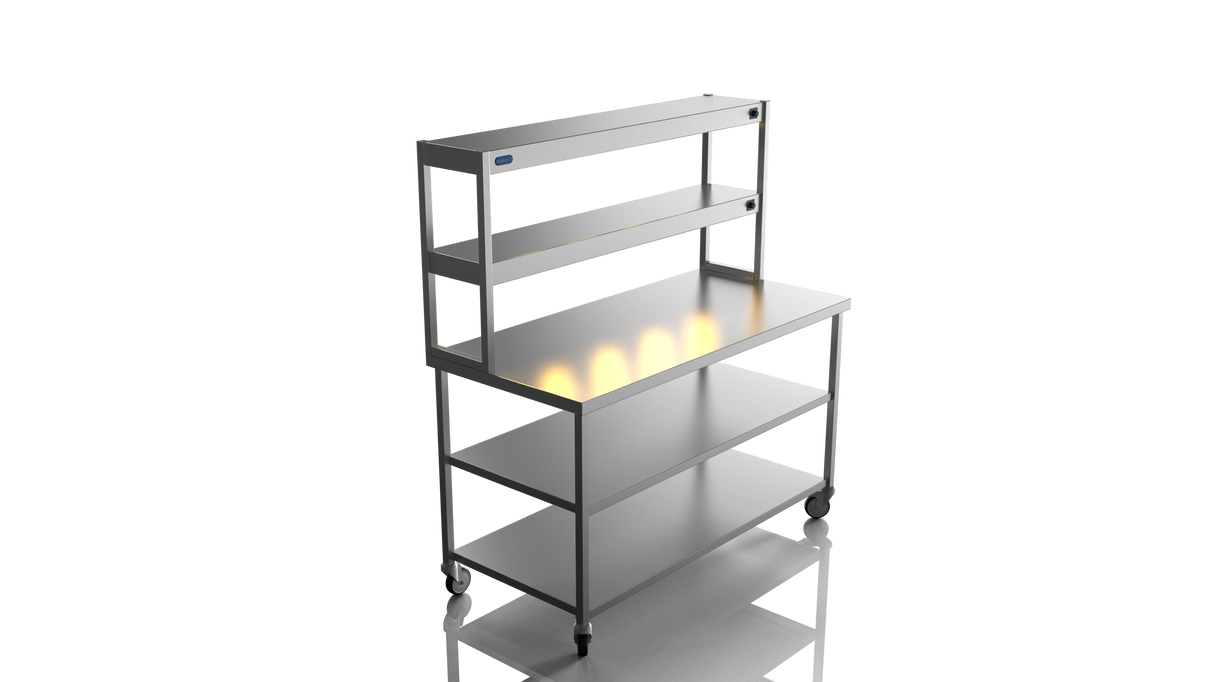 Nordstar Mobile Centre Table Bench With 2 Tier Heated Gantry Chefs Pass 1500mm | DTCMCB1500MS Stainless Steel Tables with Overshelf Nordstar