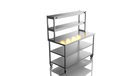 Nordstar Mobile Centre Table Bench With 2 Tier Heated Gantry Chefs Pass 1500mm | DTCMCB1500MS Stainless Steel Tables with Overshelf Nordstar