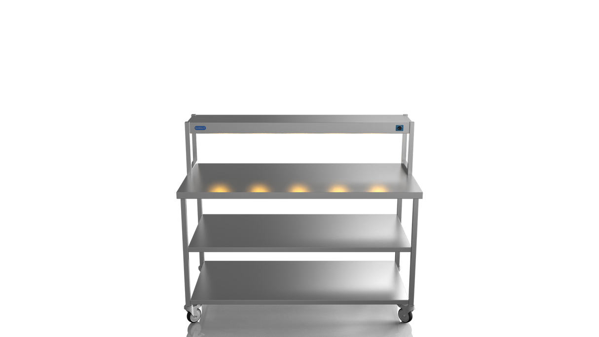 Nordstar Mobile Centre Table Bench With Heated Gantry Chefs Pass 1500mm | STCMCB1500MS Stainless Steel Tables with Overshelf Nordstar
