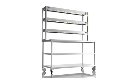 Nordstar Mobile Centre Table Bench With 3 Tier Heated Gantry Chefs Pass 1500mm | TTCMCB1500MS Stainless Steel Tables with Overshelf Nordstar