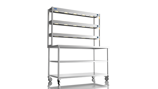 Nordstar Mobile Centre Table Bench With 3 Tier Heated Gantry Chefs Pass 1500mm | TTCMCB1500MS Stainless Steel Tables with Overshelf Nordstar