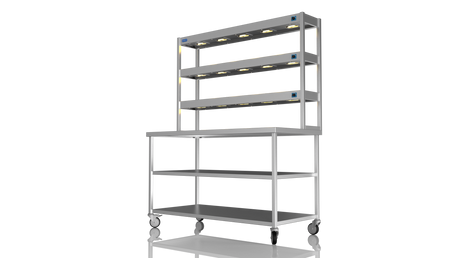 Nordstar Mobile Centre Table Bench With 3 Tier Heated Gantry Chefs Pass 1500mm | TTCMCB1500MS Stainless Steel Tables with Overshelf Nordstar