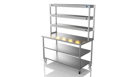 Nordstar Mobile Centre Table Bench With 3 Tier Heated Gantry Chefs Pass 1500mm | TTCMCB1500MS Stainless Steel Tables with Overshelf Nordstar