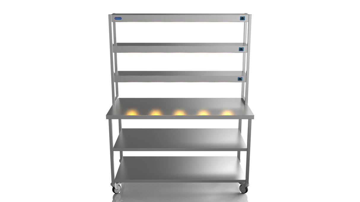 Nordstar Mobile Centre Table Bench With 3 Tier Heated Gantry Chefs Pass 1500mm | TTCMCB1500MS Stainless Steel Tables with Overshelf Nordstar