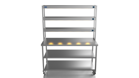 Nordstar Mobile Centre Table Bench With 3 Tier Heated Gantry Chefs Pass 1500mm | TTCMCB1500MS Stainless Steel Tables with Overshelf Nordstar