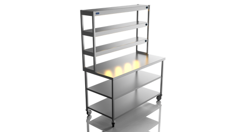 Nordstar Mobile Centre Table Bench With 3 Tier Heated Gantry Chefs Pass 1500mm | TTCMCB1500MS Stainless Steel Tables with Overshelf Nordstar