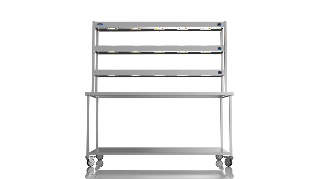Nordstar Mobile Centre Table Bench With 3 Tier Heated Gantry Chefs Pass 1800mm | TTCMCB1800 Stainless Steel Tables with Overshelf Nordstar