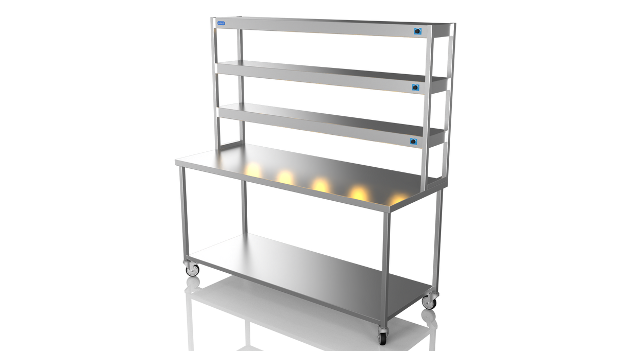 Nordstar Mobile Centre Table Bench With 3 Tier Heated Gantry Chefs Pass 1800mm | TTCMCB1800 Stainless Steel Tables with Overshelf Nordstar