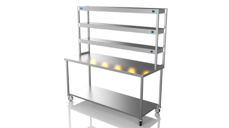 Nordstar Mobile Centre Table Bench With 3 Tier Heated Gantry Chefs Pass 1800mm | TTCMCB1800 Stainless Steel Tables with Overshelf Nordstar