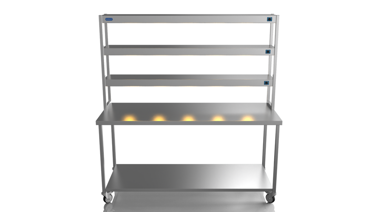 Nordstar Mobile Centre Table Bench With 3 Tier Heated Gantry Chefs Pass 1800mm | TTCMCB1800 Stainless Steel Tables with Overshelf Nordstar
