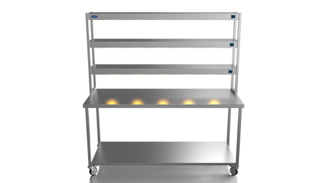 Nordstar Mobile Centre Table Bench With 3 Tier Heated Gantry Chefs Pass 1800mm | TTCMCB1800 Stainless Steel Tables with Overshelf Nordstar
