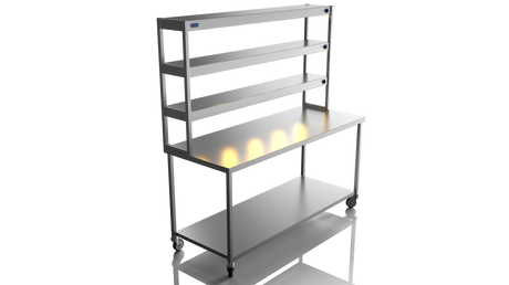 Nordstar Mobile Centre Table Bench With 3 Tier Heated Gantry Chefs Pass 1800mm | TTCMCB1800 Stainless Steel Tables with Overshelf Nordstar