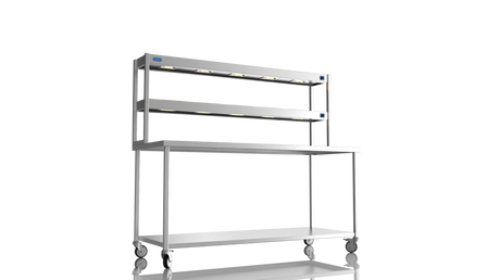 Nordstar Mobile Centre Table Bench With 2 Tier Heated Gantry Chefs Pass 1800mm | DTCMCB1800 Stainless Steel Tables with Overshelf Nordstar
