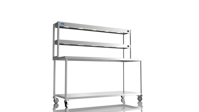 Nordstar Mobile Centre Table Bench With 2 Tier Heated Gantry Chefs Pass 1800mm | DTCMCB1800 Stainless Steel Tables with Overshelf Nordstar
