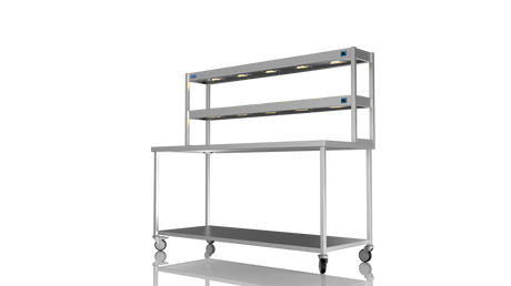 Nordstar Mobile Centre Table Bench With 2 Tier Heated Gantry Chefs Pass 1800mm | DTCMCB1800 Stainless Steel Tables with Overshelf Nordstar