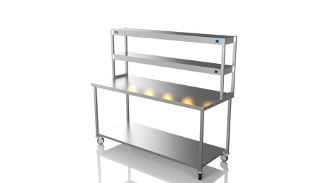 Nordstar Mobile Centre Table Bench With 2 Tier Heated Gantry Chefs Pass 1800mm | DTCMCB1800 Stainless Steel Tables with Overshelf Nordstar