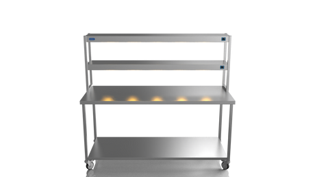 Nordstar Mobile Centre Table Bench With 2 Tier Heated Gantry Chefs Pass 1800mm | DTCMCB1800 Stainless Steel Tables with Overshelf Nordstar