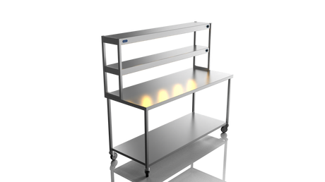 Nordstar Mobile Centre Table Bench With 2 Tier Heated Gantry Chefs Pass 1800mm | DTCMCB1800 Stainless Steel Tables with Overshelf Nordstar