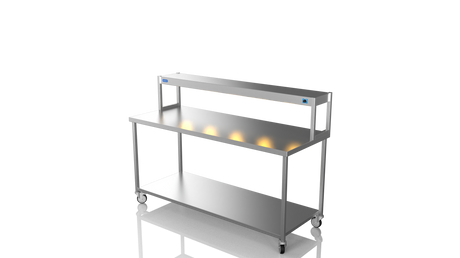 Nordstar Mobile Centre Table Bench With Heated Gantry Chefs Pass 1800mm | STCMCB1800 Stainless Steel Tables with Overshelf Nordstar