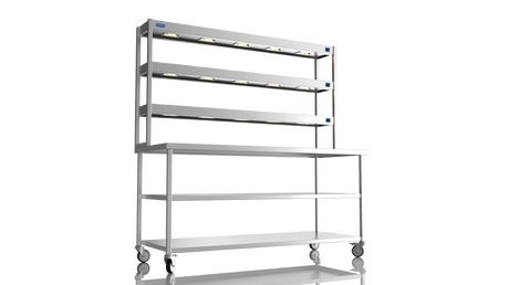 Nordstar Mobile Centre Table Bench With 3 Tier Heated Gantry Chefs Pass 1800mm | TTCMCB1800MS Stainless Steel Tables with Overshelf Nordstar