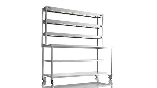 Nordstar Mobile Centre Table Bench With 3 Tier Heated Gantry Chefs Pass 1800mm | TTCMCB1800MS Stainless Steel Tables with Overshelf Nordstar