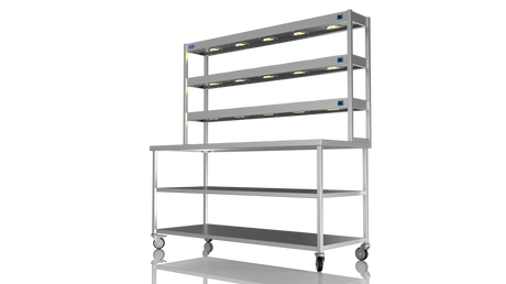 Nordstar Mobile Centre Table Bench With 3 Tier Heated Gantry Chefs Pass 1800mm | TTCMCB1800MS Stainless Steel Tables with Overshelf Nordstar