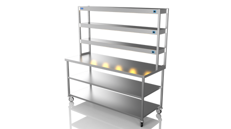 Nordstar Mobile Centre Table Bench With 3 Tier Heated Gantry Chefs Pass 1800mm | TTCMCB1800MS Stainless Steel Tables with Overshelf Nordstar