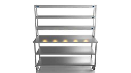 Nordstar Mobile Centre Table Bench With 3 Tier Heated Gantry Chefs Pass 1800mm | TTCMCB1800MS Stainless Steel Tables with Overshelf Nordstar