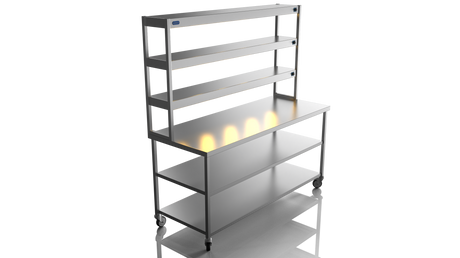 Nordstar Mobile Centre Table Bench With 3 Tier Heated Gantry Chefs Pass 1800mm | TTCMCB1800MS Stainless Steel Tables with Overshelf Nordstar