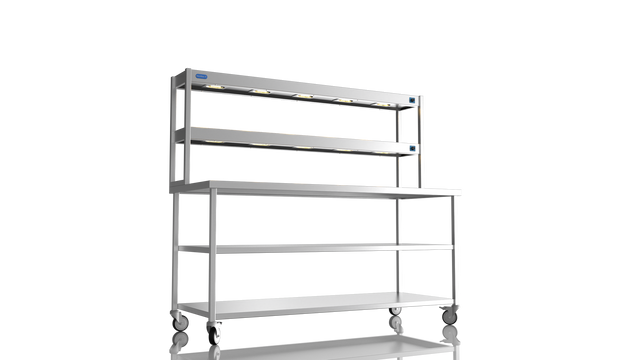 Nordstar Mobile Centre Table Bench With 2 Tier Heated Gantry Chefs Pass 1800mm | DTCMCB1800MS Stainless Steel Tables with Overshelf Nordstar